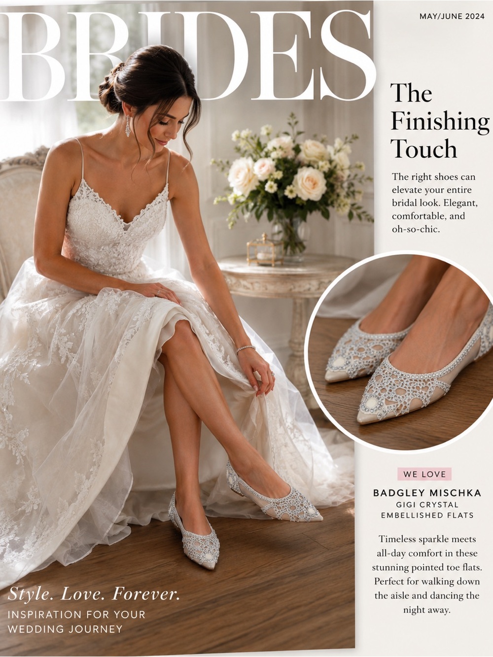Badgley Mischka Gigi Crystal Embellished Pointed Toe Flats Ivory Size 5